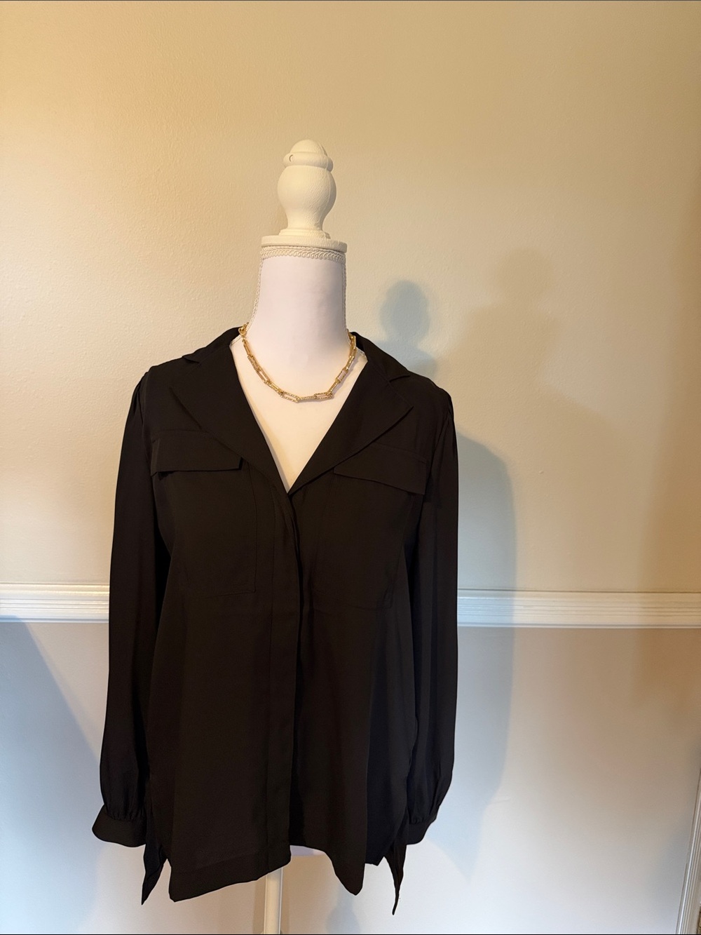 White House Black Market Black Button-Down V-Neck Blouse